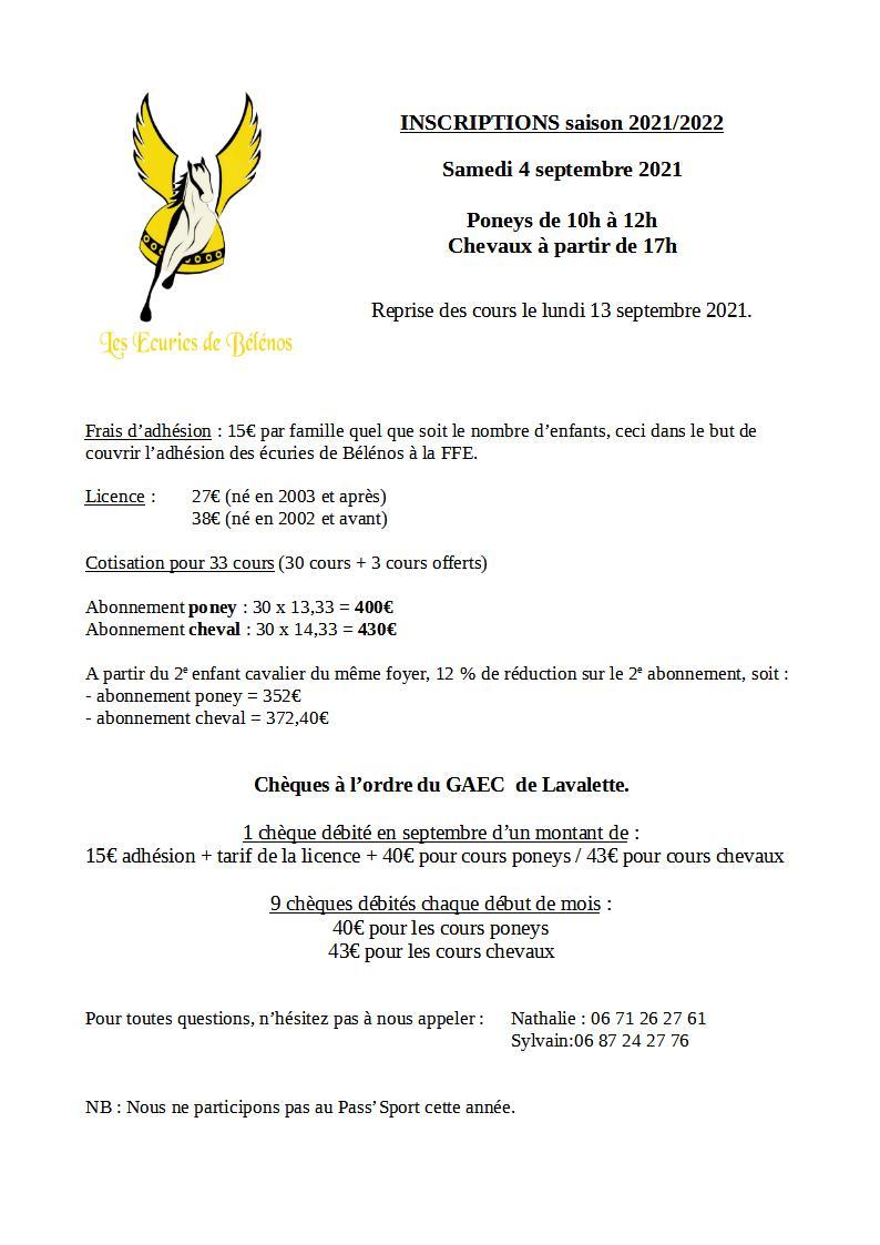 Inscriptions rentree 2021 2022