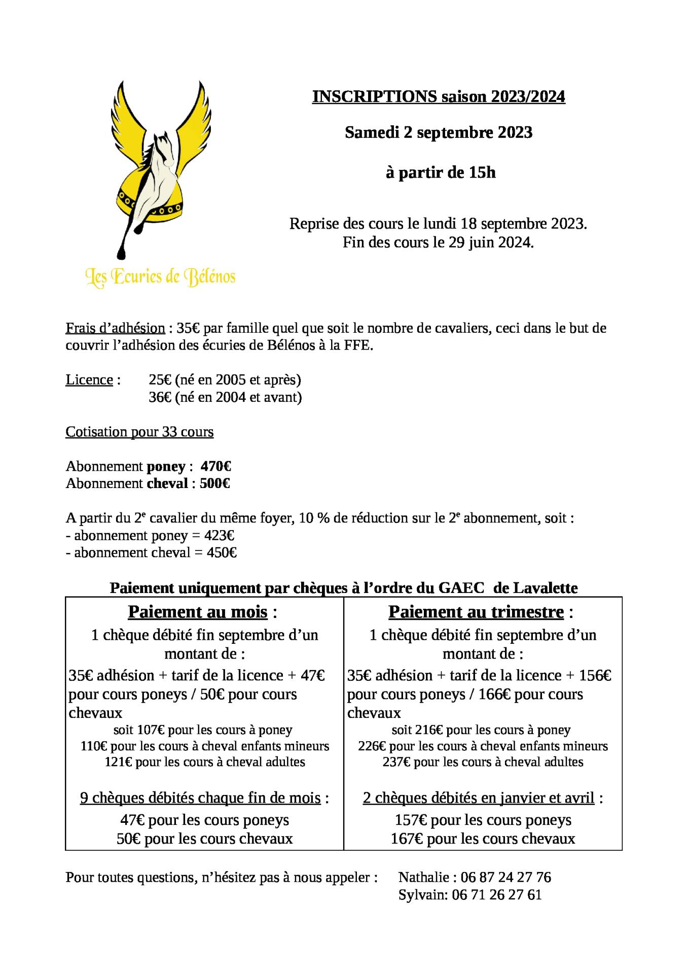 Inscriptions rentree 2023 2024